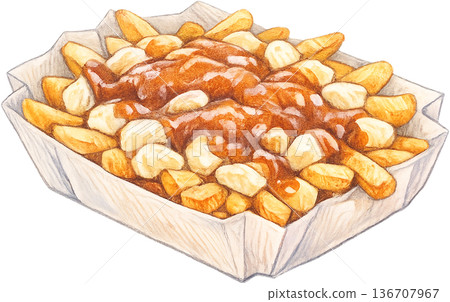 Hand drawn colored pencil poutine illustration, Canadian food, transparent background 136707967