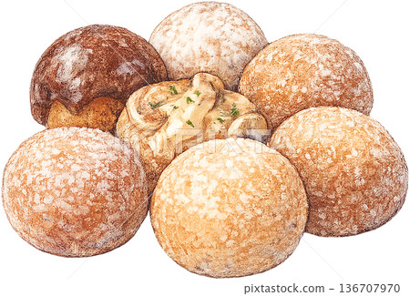 Hand drawn colored pencil Timbits donut holes illustration, Canadian dessert, transparent background 136707970