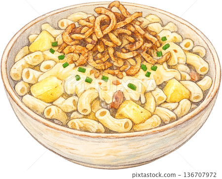 Hand drawn colored pencil Alplermagronen illustration, Swiss food, transparent background 136707972