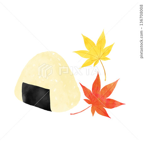 水彩插畫，描繪了飯糰和秋葉，以及秋日郊遊和新米。 136708008