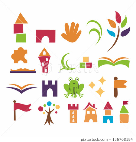 collection of cute children items in doodle style. Toys, books, and construction kit for children. collection of cute children items in doodle style. Toys, books, and construction kit for children. 136708194