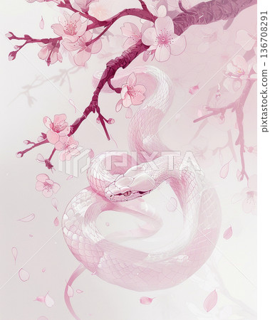 春日陽光下的白蛇－一幅不恐怖的神秘櫻花插畫 136708291