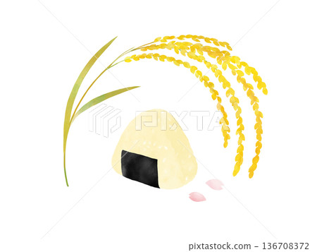 水彩插畫，描繪了飯糰、櫻花和稻穗。展現了春遊和豐收的景象。 136708372