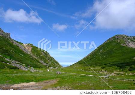 A mountain valley and green slopes of the plateau spread out under the blue sky 136708492