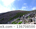 A mountain climber climbing a steep rocky slope and a high mountain landscape with a blue sky (image of challenge and effort) 136708500