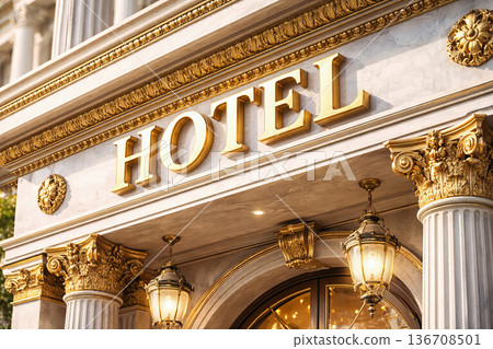 Luxury five star hotel exterior with palm trees 136708501