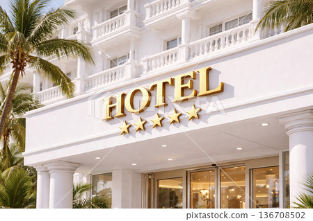 Luxury five star hotel exterior with palm trees 136708502