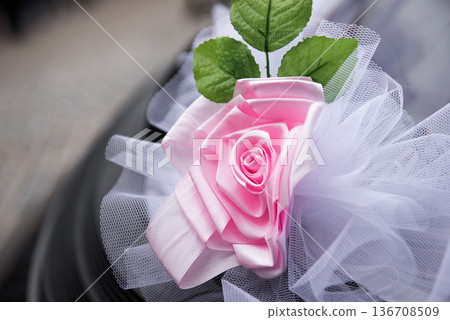 Pink Wedding Rose Decoration On Bridal Car Handle 136708509