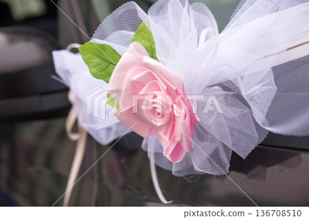 Pink Floral Wedding Decoration Attached To Car Door 136708510
