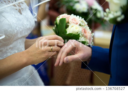 Bride Placing Wedding Ring During Intimate Ceremony Moment Bride Placing Wedding Ring During Intimate Ceremony Moment 136708527
