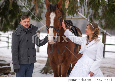 Bride And Groom Touching Horse In Snow Bride And Groom Touching Horse In Snow 136708571
