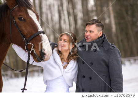 Romantic Winter Wedding Moment With Horse Romantic Winter Wedding Moment With Horse 136708579