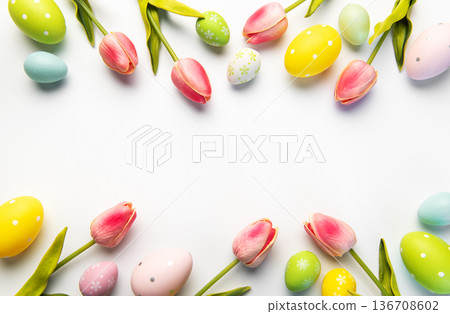 Easter eggs and tulips creating spring holiday frame Easter eggs and tulips creating spring holiday frame 136708602