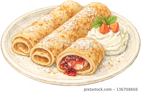 Hand drawn colored pencil palacsinta Hungarian crepes illustration, transparent background 136708608