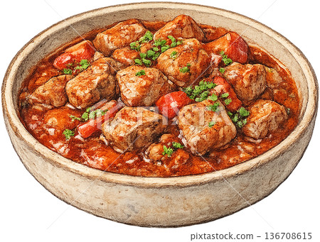 Hand drawn colored pencil porkolt stew illustration, Hungarian food, transparent background 136708615