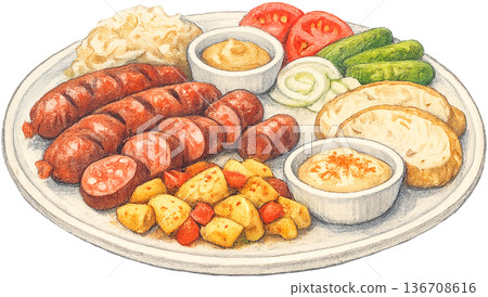 Hand drawn colored pencil Hungarian sausage platter illustration, transparent background 136708616