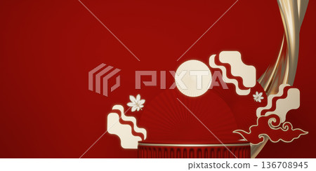 Happy Chinese new year 2026 with circle podium for show product and decoration China on red color style background.3D rendering Happy Chinese new year 2026 with circle podium for show product and decoration China on red color style background.3D rendering 136708945