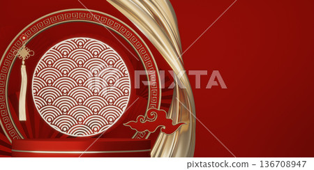 Happy Chinese new year 2026 with circle podium for show product and decoration China on red color style background.3D rendering Happy Chinese new year 2026 with circle podium for show product and decoration China on red color style background.3D rendering 136708947