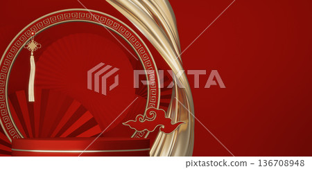 Happy Chinese new year 2026 with circle podium for show product and decoration China on red color style background.3D rendering Happy Chinese new year 2026 with circle podium for show product and decoration China on red color style background.3D rendering 136708948