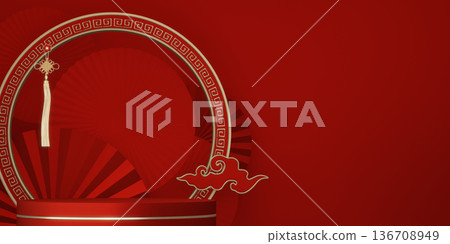 Happy Chinese new year 2026 with circle podium for show product and decoration China on red color style background.3D rendering Happy Chinese new year 2026 with circle podium for show product and decoration China on red color style background.3D rendering 136708949