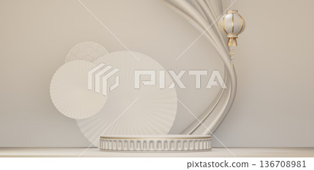 Chinese white and gold podium design on white background design. 3D rendering Chinese white and gold podium design on white background design. 3D rendering 136708981