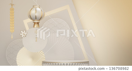 Chinese white and gold podium design on white background design. 3D rendering 136708982