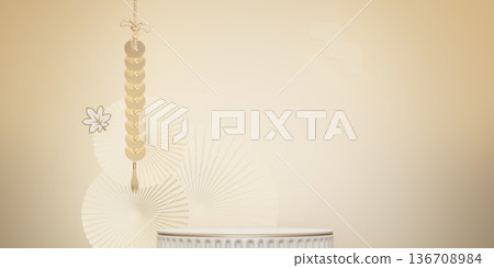 Chinese white and gold podium design on white background design. 3D rendering Chinese white and gold podium design on white background design. 3D rendering 136708984