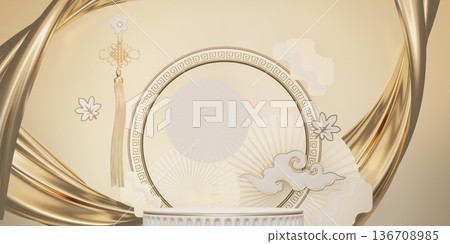 Chinese white and gold podium design on white background design. 3D rendering Chinese white and gold podium design on white background design. 3D rendering 136708985