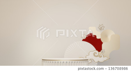Chinese white and gold podium design on white background design. 3D rendering 136708986