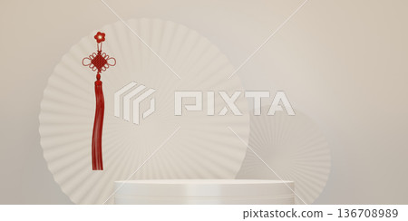 Chinese white and gold podium design on white background design. 3D rendering Chinese white and gold podium design on white background design. 3D rendering 136708989