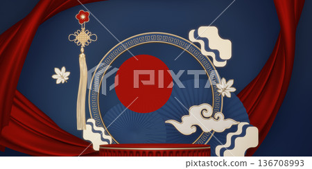Year of the Horse ,China blue and golden Podium, minimal blue geometric design.3D rendering Year of the Horse ,China blue and golden Podium, minimal blue geometric design.3D rendering 136708993