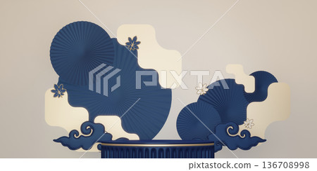 Year of the Horse ,China blue and golden Podium, minimal blue geometric design.3D rendering Year of the Horse ,China blue and golden Podium, minimal blue geometric design.3D rendering 136708998