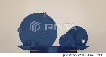 Year of the Horse ,China blue and golden Podium, minimal blue geometric design.3D rendering Year of the Horse ,China blue and golden Podium, minimal blue geometric design.3D rendering 136708999
