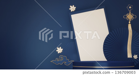 Year of the Horse ,China blue and golden Podium, minimal blue geometric design.3D rendering Year of the Horse ,China blue and golden Podium, minimal blue geometric design.3D rendering 136709003