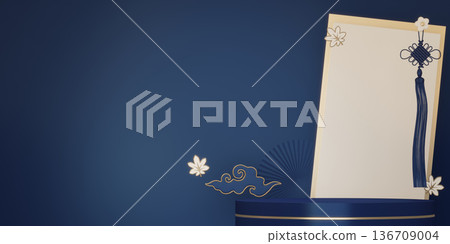 Year of the Horse ,China blue and golden Podium, minimal blue geometric design.3D rendering Year of the Horse ,China blue and golden Podium, minimal blue geometric design.3D rendering 136709004