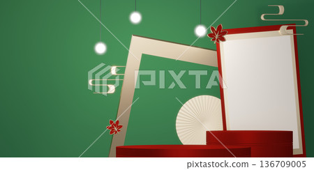 Happy Chinese new year 2026 with circle podium for show product and decoration China green background.3D rendering Happy Chinese new year 2026 with circle podium for show product and decoration China green background.3D rendering 136709005
