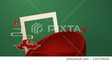 Happy Chinese new year 2026 with circle podium for show product and decoration China green background.3D rendering 136709008
