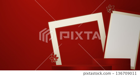 Happy Chinese new year 2026 with circle podium for show product and decoration China on red color style background.3D rendering Happy Chinese new year 2026 with circle podium for show product and decoration China on red color style background.3D rendering 136709011