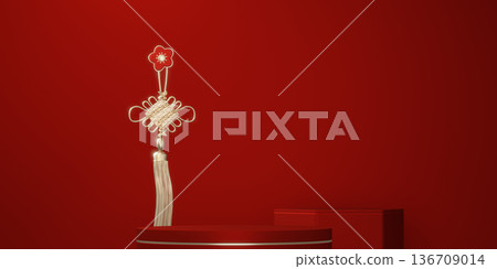 Happy Chinese new year 2026 with circle podium for show product and decoration China on red color style background.3D rendering Happy Chinese new year 2026 with circle podium for show product and decoration China on red color style background.3D rendering 136709014