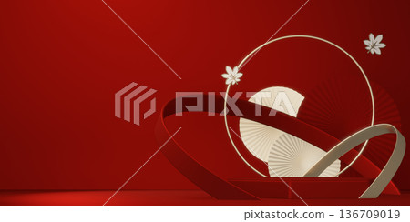 Happy Chinese new year 2026 with circle podium for show product and decoration China on red color style background.3D rendering Happy Chinese new year 2026 with circle podium for show product and decoration China on red color style background.3D rendering 136709019