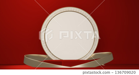 Happy Chinese new year 2026 with circle podium for show product and decoration China on red color style background.3D rendering Happy Chinese new year 2026 with circle podium for show product and decoration China on red color style background.3D rendering 136709020