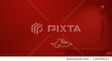 Happy Chinese new year 2026 with circle podium for show product and decoration China on red color style background.3D rendering 136709023