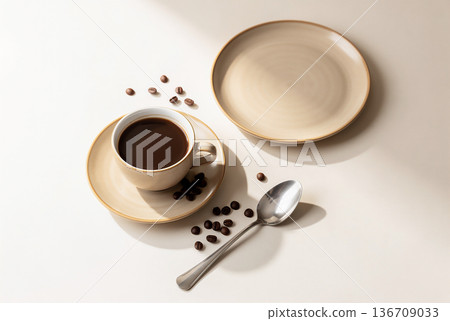 A stylish moment decorated with ceramic cups, coffee beans, and spoons A stylish moment decorated with ceramic cups, coffee beans, and spoons 136709033