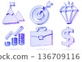 3d glass holographic business icon set - briefcase, target, mountain peak with flag, diamond, money chart, dollar sign. Mission, vision, values, strategy and goal, financial success. 3D illustration 3d glass holographic business icon set - briefcase, target, mountain peak with flag, diamond, money chart, dollar sign. Mission, vision, values, strategy and goal, financial success. 3D illustration 136709116