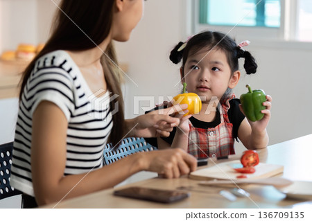 A woman is teaching a young girl about vegetables 136709135