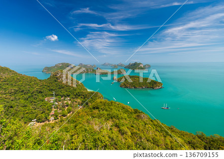 Ang Thong National Marine Park panoramic view of tropical islands and turquoise sea seen from high viewpoint in Thailand Ang Thong National Marine Park panoramic view of tropical islands and turquoise sea seen from high viewpoint in Thailand 136709155