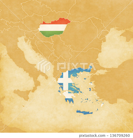 Ocher map of Balkans - Hungary and Greece Ocher map of Balkans - Hungary and Greece 136709260