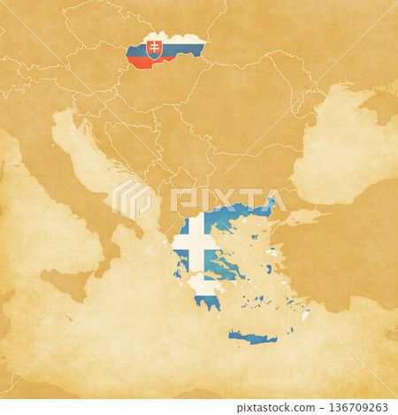 Ocher map of Balkans - Slovakia and Greece Ocher map of Balkans - Slovakia and Greece 136709263