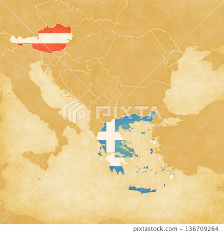 Ocher map of Balkans - Austria and Greece Ocher map of Balkans - Austria and Greece 136709264