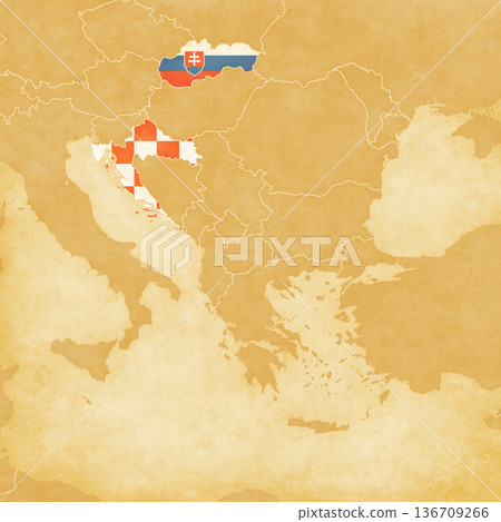 Ocher map of Balkans - Slovakia and Croatia Ocher map of Balkans - Slovakia and Croatia 136709266